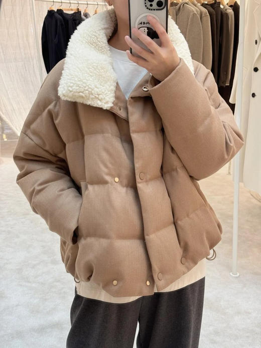 立领拼接毛领人字纹骆驼绒薄呢双排扣羽绒服 N0826 商品图7