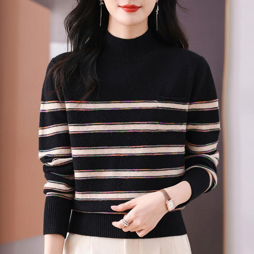 CC-101-35447秋冬新款半高领条纹彩色线针织打底衫女士时尚套头厚毛衣内搭外穿 商品图2
