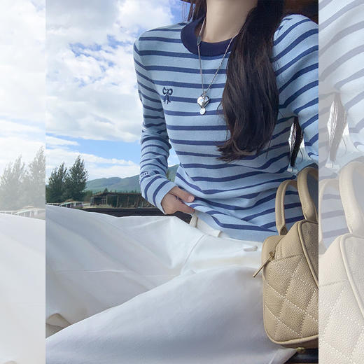 <曾小咸推荐>百搭休闲蓝色条纹修身针织衫 商品图1