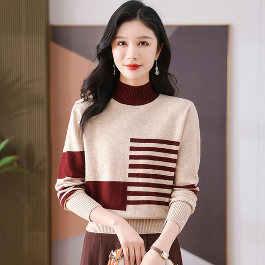CC-101-35449半高领条纹毛衣女士秋冬新款宽松洋气拼色内搭上衣打底衫女 商品图0