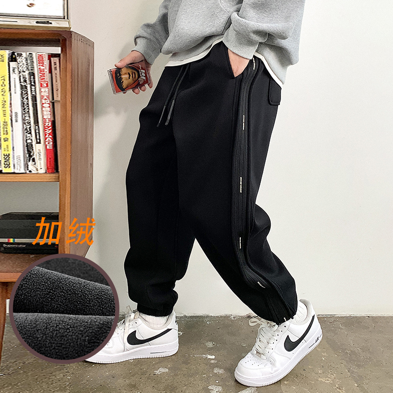 徐太浪时尚痞帅黑色运动卫裤男秋冬季加绒加厚宽松束脚哈伦裤长裤