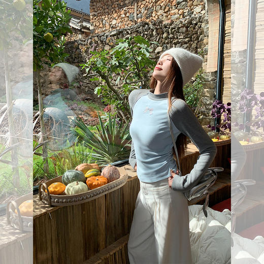 【129元任选2件】现货！美式撞色插肩袖短款上衣 商品图5