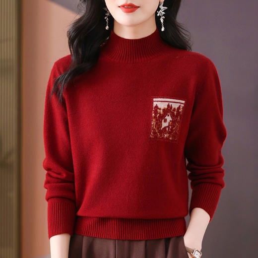 CC-101-35446保暖酒红色复古女毛衣洋气秋冬新款简约宽松半高领针织打底衫 商品图0