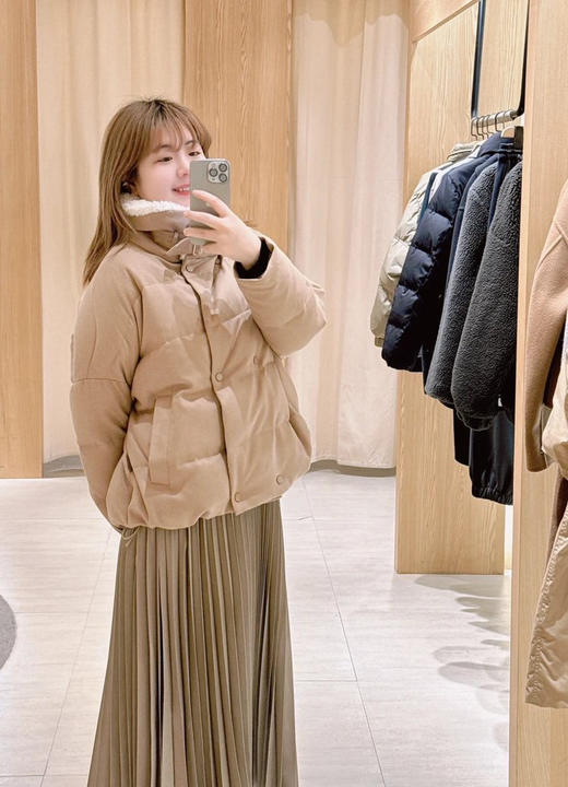 立领拼接毛领人字纹骆驼绒薄呢双排扣羽绒服 N0826 商品图6