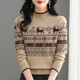 CC-103-97833秋冬半高领女宽松慵懒风上衣提花小鹿针织打底衫套头毛衣新款内搭