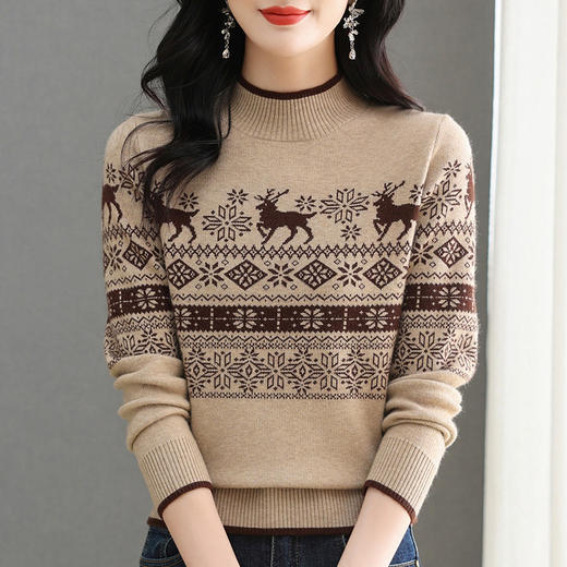 CC-103-97833秋冬半高领女宽松慵懒风上衣提花小鹿针织打底衫套头毛衣新款内搭 商品图0