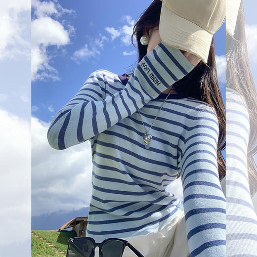 <曾小咸推荐>百搭休闲蓝色条纹修身针织衫 商品图0