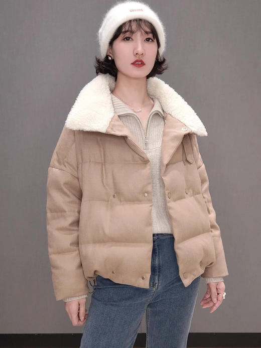 立领拼接毛领人字纹骆驼绒薄呢双排扣羽绒服 N0826 商品图0