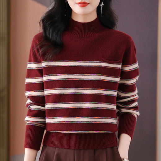 CC-101-35447秋冬新款半高领条纹彩色线针织打底衫女士时尚套头厚毛衣内搭外穿 商品图1