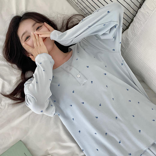 【免穿内衣家居服】森岛春秋纽扣家居服 休闲带胸垫绵绵印花睡衣套装 商品图0