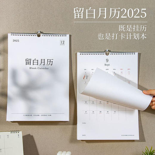 【既是挂历也是打卡计划本】青禾纪2025年留白月历自律打卡，便于挂取可360°平摊翻页更顺畅，文艺ins风简约线圈挂历计划表日历QQ2026马年新年款 商品图0