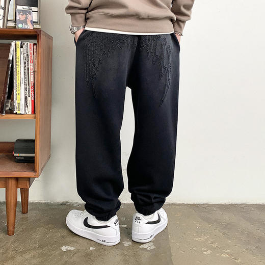 徐太浪设计感水洗烧花运动卫裤男秋冬内里磨毛保暖运动裤大码长裤 商品图3