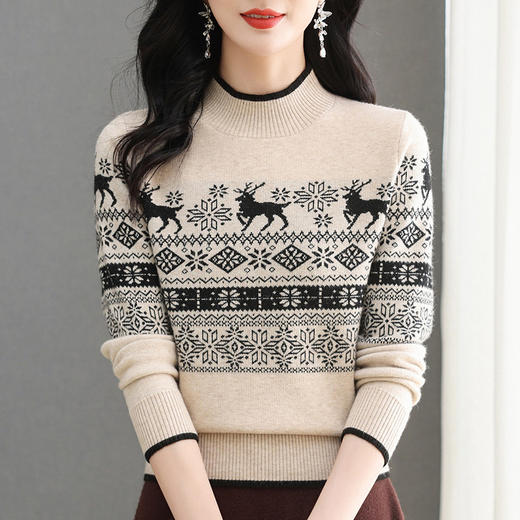 CC-103-97833秋冬半高领女宽松慵懒风上衣提花小鹿针织打底衫套头毛衣新款内搭 商品图2