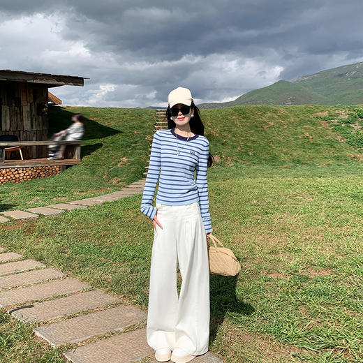 <曾小咸推荐>百搭休闲蓝色条纹修身针织衫 商品图3