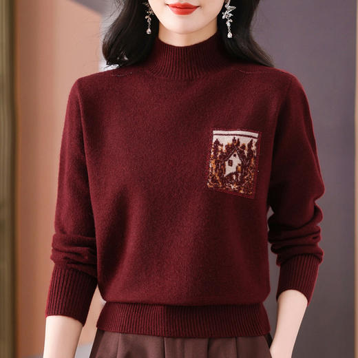 CC-101-35446保暖酒红色复古女毛衣洋气秋冬新款简约宽松半高领针织打底衫 商品图1