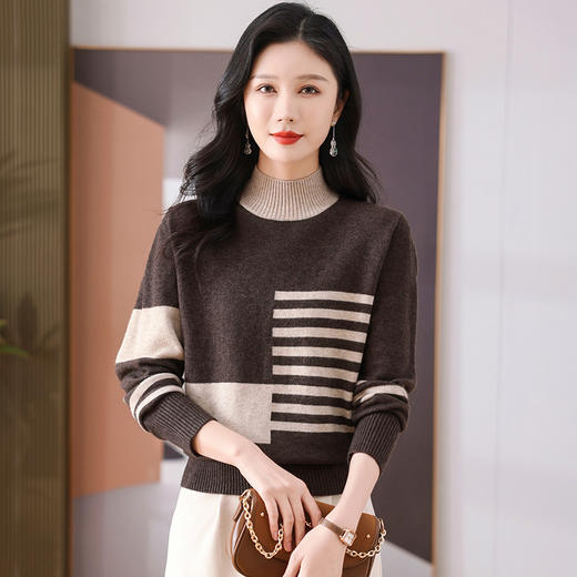 CC-101-35449半高领条纹毛衣女士秋冬新款宽松洋气拼色内搭上衣打底衫女 商品图3