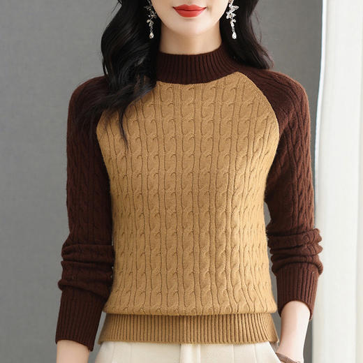 CC-103-97830秋冬季新款拼色半高领麻花针织打底衫女士时尚修身套头厚款毛衣潮 商品图1