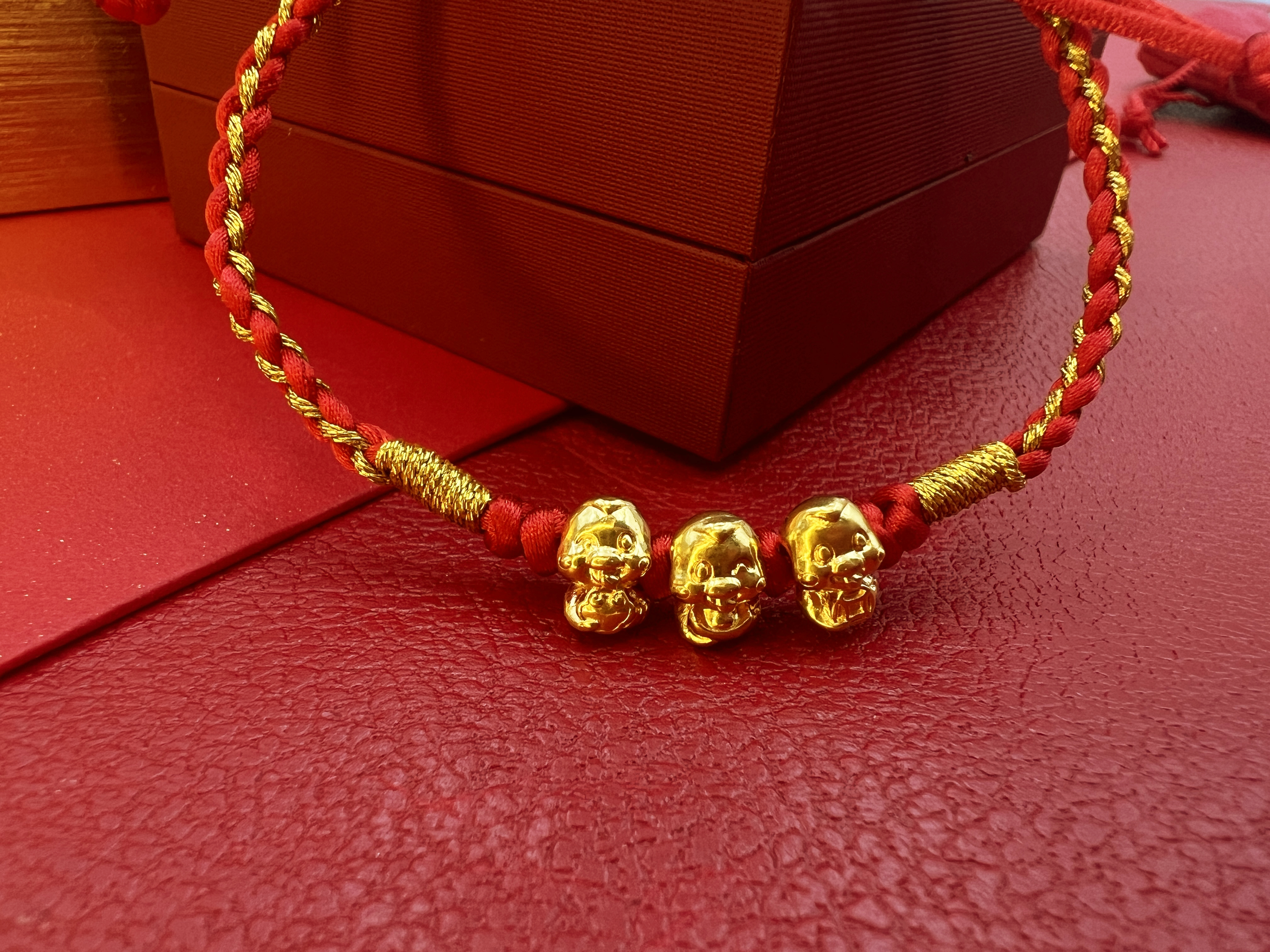 硬足金招财如意蛇红绳手链