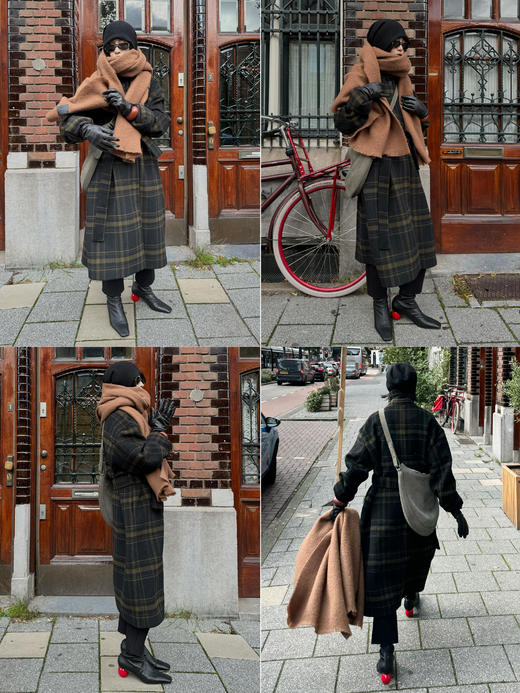 HIDEMI 【赵露思同款】极简大廓形色织格纹羊毛翻领可拆卸腰带式落肩宽松长款厚款大衣 商品图2