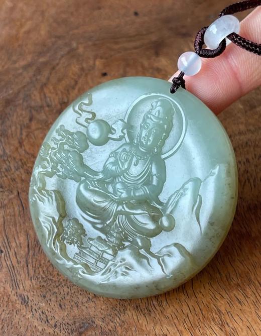褐沁青白玉雕观音圆吊坠牌，顺丰包邮 商品图2
