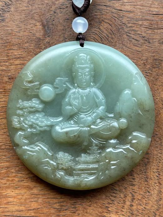 褐沁青白玉雕观音圆吊坠牌，顺丰包邮 商品图0