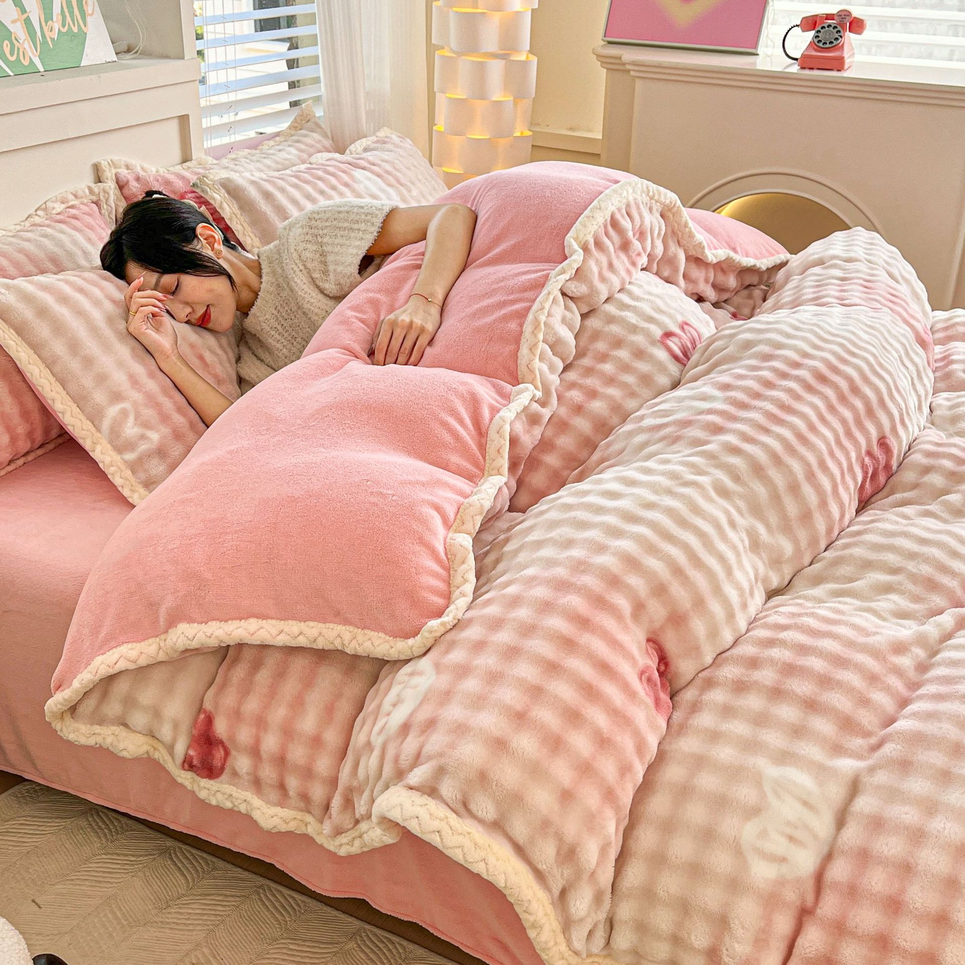 A类冬季兔毛绒牛奶绒四件套，泡泡纱床单被套印花被罩床上用品FYJ-065