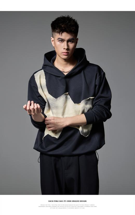 PINLI品立2024冬季新品撞色贴布连帽卫衣男潮牌休闲宽松帽衫上衣B243109023 商品图0