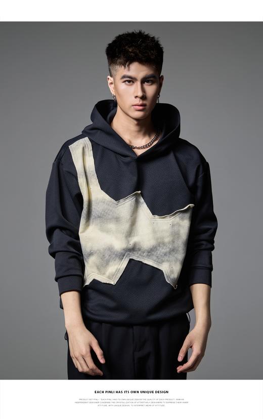 PINLI品立2024冬季新品撞色贴布连帽卫衣男潮牌休闲宽松帽衫上衣B243109023 商品图2