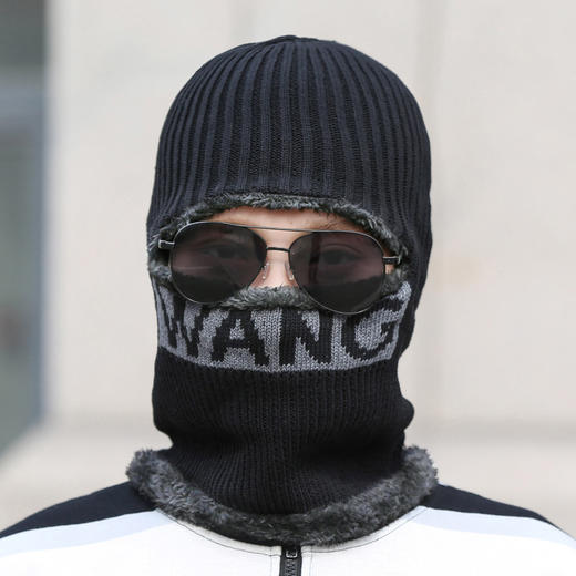 字母一眼男士围脖连体帽冬天加厚保暖毛线一体帽护脸防寒棉针织帽 商品图1