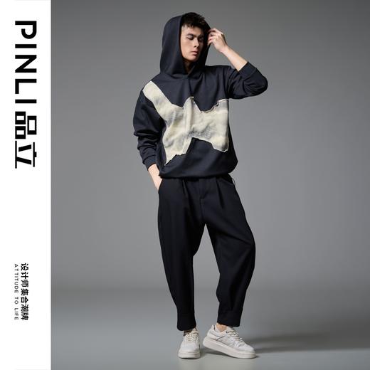 PINLI品立2024冬季新品撞色贴布连帽卫衣男潮牌休闲宽松帽衫上衣B243109023 商品图1