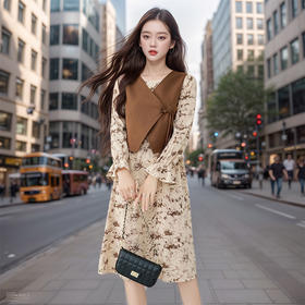 奢姿秋冬新款大码女装圆领气质裙子胖妹妹马甲假两件连衣裙9944891012