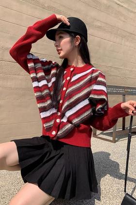 ANSUABEL 法式复古红色条纹拼接针织上衣外套 19382