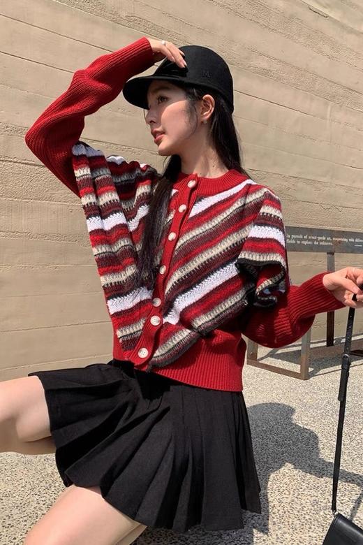 ANSUABEL 法式复古红色条纹拼接针织上衣外套 19382 商品图0
