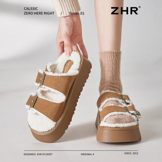ZHR则则加厚加绒勃肯拖鞋女2024冬季新款高颜值叠穿女鞋厚底棉鞋 商品图0