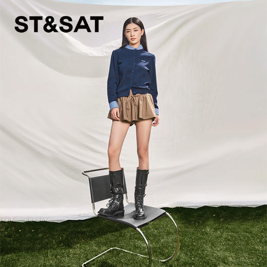 星期六潮流褶皱感复古扣带显瘦长筒靴SSC4117379 商品图2