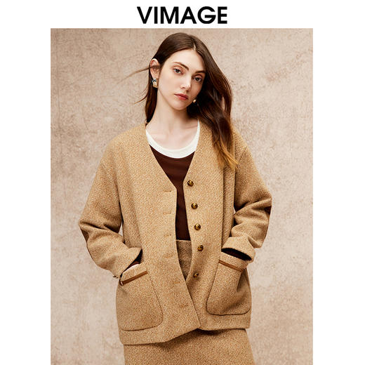VIMAGE纬漫纪冬季新款100%绵羊毛时尚V领复古宽松直筒百搭外套V2203827 商品图0