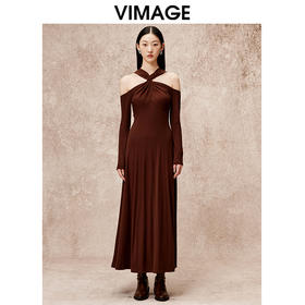 VIMAGE纬漫纪冬季新款挂脖扭结漏肩修身显瘦礼服连衣裙V2277802
