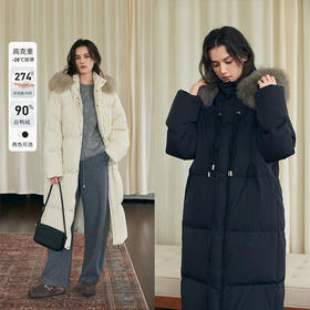 HeyDress黑色长款羽绒服女冬季90白鸭绒狐狸毛领收腰加厚保暖外套