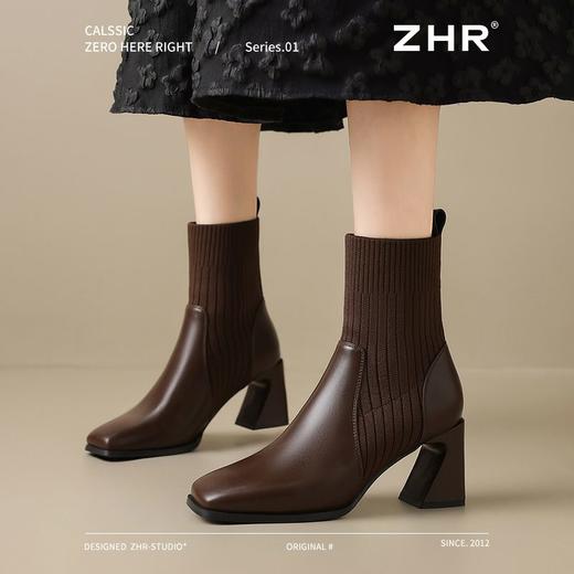ZHR针织气质短靴美拉德弹力瘦瘦靴女小个子方头马丁靴飞织粗跟靴 商品图6