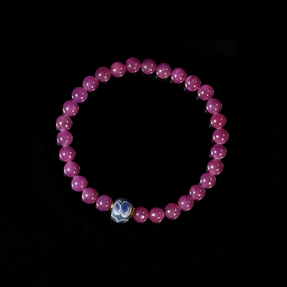 腓尼基蜻蜓眼琉璃珠+民国天然红宝石手串