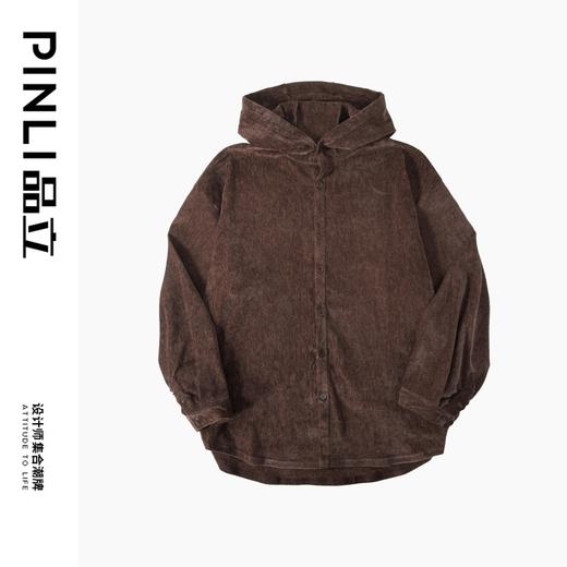 PINLI品立春季新款男士宽松咖啡色连帽长袖衬衫休闲衬衣上衣B243113065 商品图2