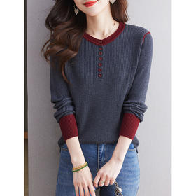 CC-27-24200设计感撞色圆领修身毛衣女秋冬2024新款坑条短款内搭针织打底衫