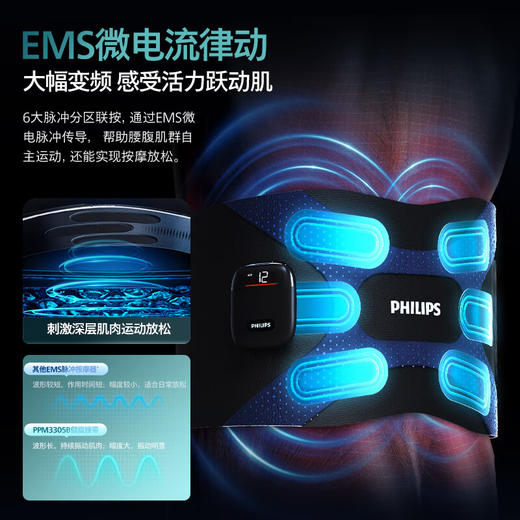 飞利浦（PHILIPS）懒人腰带 腰部按摩器腰腹健身仪 EMS微电流无线热敷暴汗束腰收腹护腰带揉腹仪暖宫带送男女友3305B 商品图1