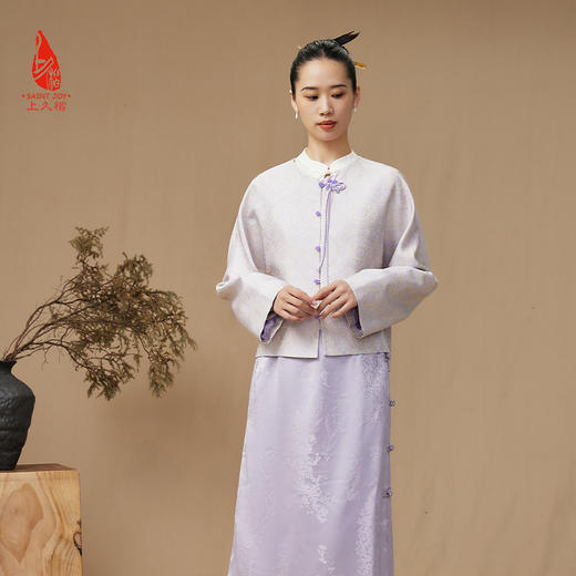 SAINTJOY/上久楷 女式宋锦外套 中式上衣 中国风 复古 绿地团花纹氈罽 CY1024207018 商品图2