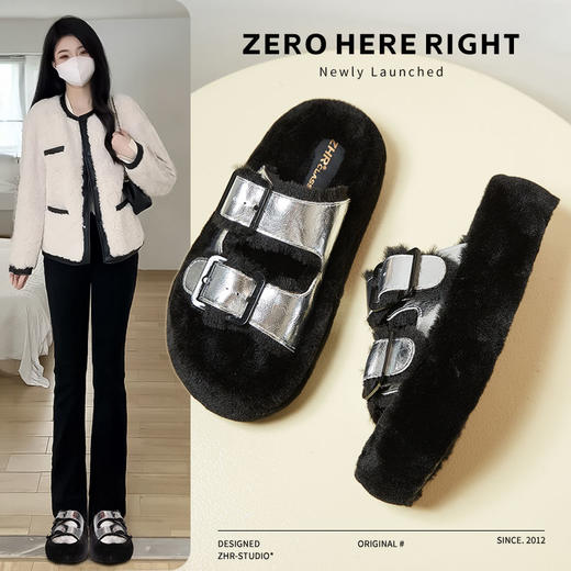 ZHR则则勃肯拖鞋加绒保暖毛毛鞋2024新款ins厚底外穿毛绒拖鞋女鞋 商品图0