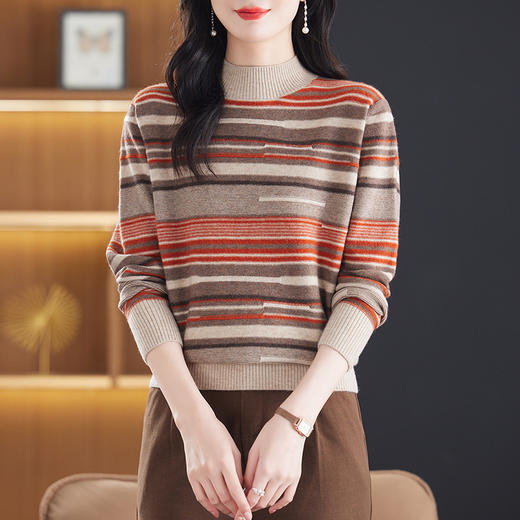 CC-13-6610条纹毛衣女款2024新款冬季时尚针织小衫半高领内搭宽松打底衫秋冬 商品图0