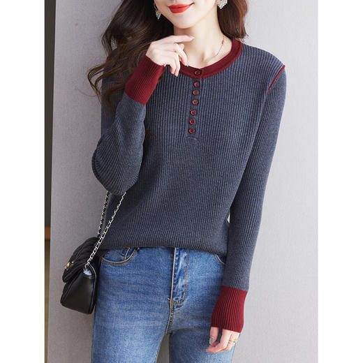 CC-27-24200设计感撞色圆领修身毛衣女秋冬2024新款坑条短款内搭针织打底衫 商品图3