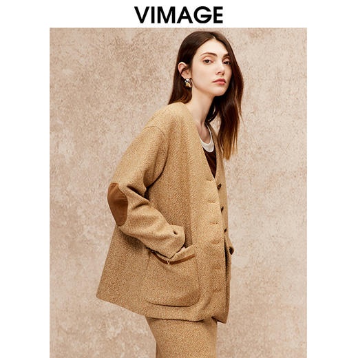 VIMAGE纬漫纪冬季新款100%绵羊毛时尚V领复古宽松直筒百搭外套V2203827 商品图2