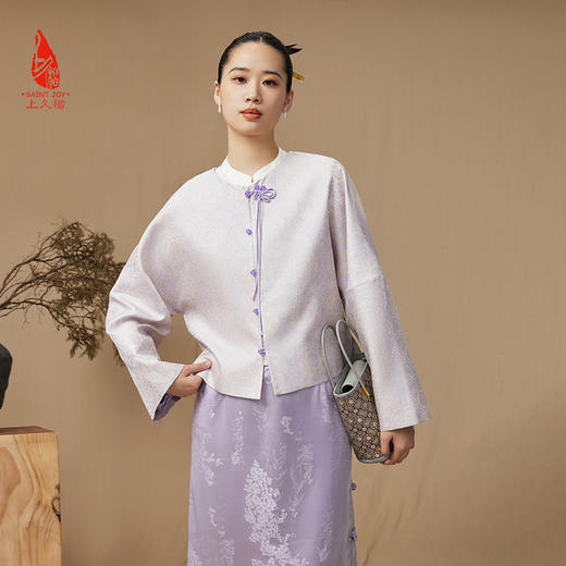 SAINTJOY/上久楷 女式宋锦外套 中式上衣 中国风 复古 绿地团花纹氈罽 CY1024207018 商品图4