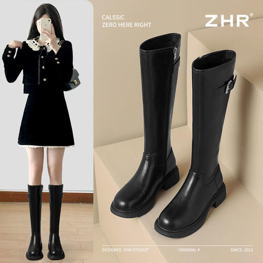 ZHR则则厚底扣带长筒靴2024新款英伦骑士靴百搭显瘦加绒长靴女靴 商品图0